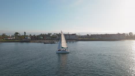 Sailboat-Sailing-In-Tranquil-Bay-In-San-Diego,-California---Aerial-Drone-Shot