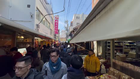 Follow-shot-of-shoppers-walking-through-Tsukiji-Fish-Market,-in-Tokyo-Japan
