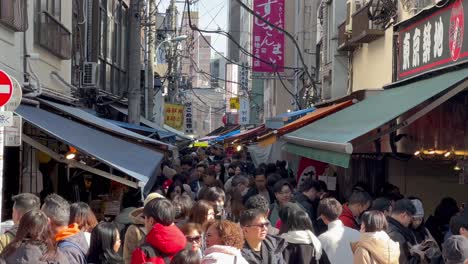Multitudes-Caminando-Hacia-El-Mercado-De-Pescado-De-Tsukiji,-Tokio,-Japón