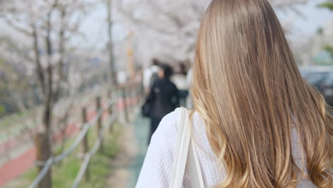 Caucasian-Blonde-Woman-Walking-In-The-Park-With-Sakura-Trees-In-Seocho,-Seoul,-South-Korea