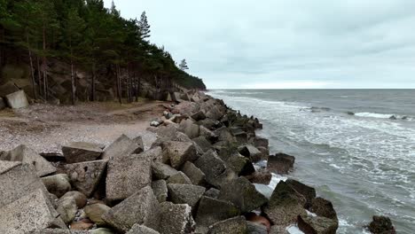 Side-view-of-breakwaters-protecting-beach-with-lush-forest-to-left-in-Kurzeme,-Latvia