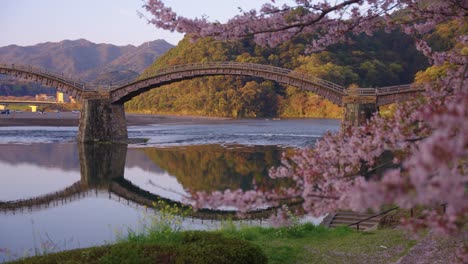 Amanecer-En-Japón,-Primavera-Sakura-Y-Puente-Kintaikyo-Reflejándose-En-El-Río