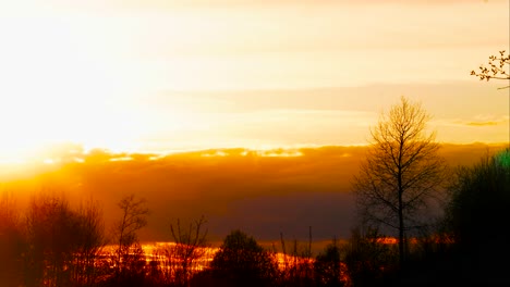 Surrealer-Zeitraffer-Bei-Sonnenuntergang-Mit-Dunklen-Wolken-Und-Kahler-Baumsilhouette