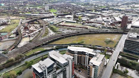 Leeds-City-UK-drone,aerial--train,s-in-background