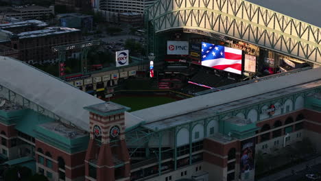Aerial-view-looking-inside-the-Minute-maid-park,-golden-hour-in-Houston,-USA