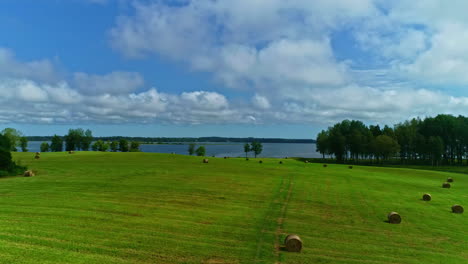 Aerial-view-of-amazing-lakeside-next-to-freshly-mow-lawn,-agricultural-site-of-Europe