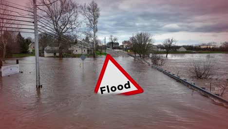 Submerged-street-and-yards-with-a-Flood-warning-sign,-turbulent-water,-and-stormy-sky