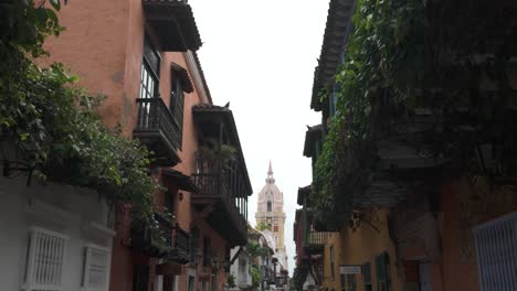 Mirando-A-Lo-Largo-De-La-Calle-Del-Casco-Antiguo-De-Cartagena,-Colombia,-Con-Plantas-Arbustivas-Verdes-Colgando-Del-Balcón.