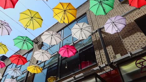 Orbital-low-angle-shot-of-colorful-umbrellas-on-Dublin-Anne's-Lane