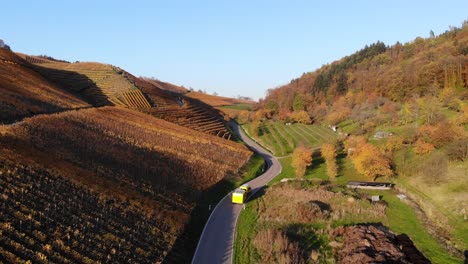 Transporter-with-trailer-drives-through-vineyards-that-glow-in-colorful-autumn-colors