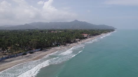 Coastal-Landscape-with-Verdant-Palms-and-Beach,-Palomino-Colombia---aerial