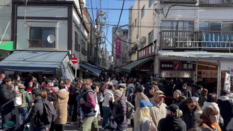 Tourists-walk-through-the-crowds-at-Tsukiji-Fish-Market,-Tokyo-Japan