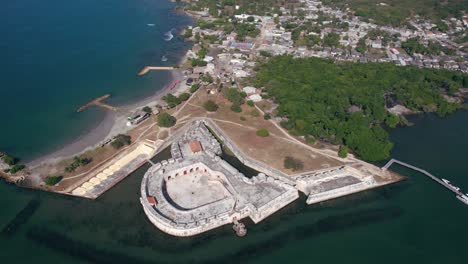 Aerial-View-of-San-Fernando-Castle,-Bocachica-Island,-Cartagena,-Colombia