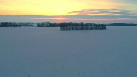 Strahlend-Goldener-Sonnenaufgang-An-Einem-Wolkenlosen-Wintertag-über-Einem-Schneebedeckten-Feld