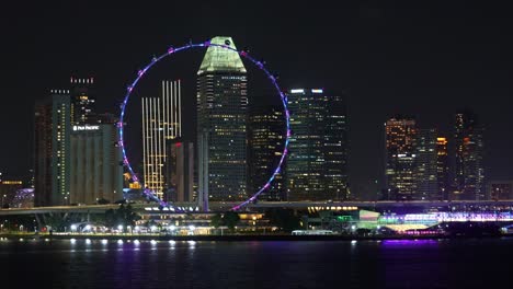 Innenstadt-Stadtbild-Mit-Beleuchteten-Hochhäusern-Und-Wolkenkratzern-Mit-Dem-Wahrzeichen-Singapore-Flyer,-Aufgenommen-Im-Dachpark-Des-Marina-Barrage-Bei-Nacht