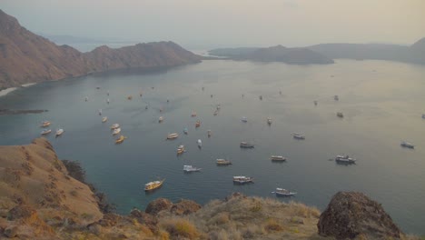 Bay-of-Padar-island-seen-from-promontory-on-foggy-day,-Indonesia