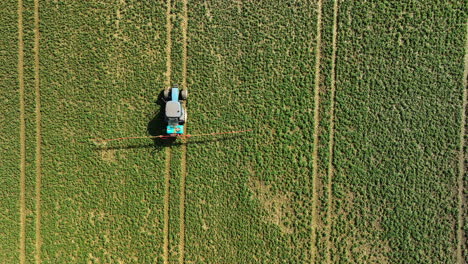 Top-down-aerial-shot-of-a-tractor-spraying-in-a-lush-green-field-with-distinct-track-lines