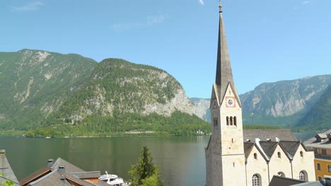 Hallstatt-Church-Overlooking-Lake-on-a-Sunny-Day