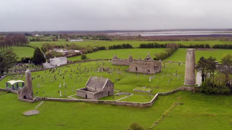 Aerial-parallax-of-Clonmacnoise-on-a-quiet-cloudy-day