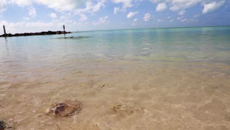 Slow-motion-of-ocean-waves-crashing-over-rocks-in-the-sand