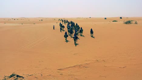 Vista-Aérea-Sobre-Un-Safari-En-Camello,-árabes-Cabalgando-En-El-Desierto-árabe,-Tarde-Soleada,-En-Arabia-Saudita---Muñeca,-Disparo-De-Drone