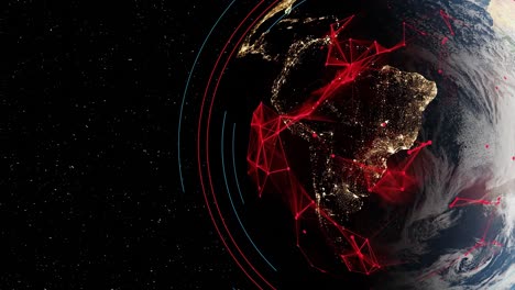 Weltraumansicht-Des-Sich-Drehenden-Und-Nachts-Beleuchteten-Planeten-Erdkugel-Mit-Elektromagnetischer-Verbindungsdaten,-Rendering-Animation-Für-Großstädte