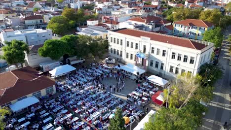 Greek-Traditional-Festival-in-Iasmos-Rodopi-Greece,-Aerial-Footage-of-People-Dancing-and-Celebrating
