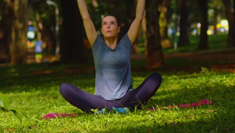 Sereno-Telón-De-Fondo-De-árboles-En-El-Parque-De-La-Ciudad,-Mujer-Dedicada-A-Ejercicios-De-Yoga