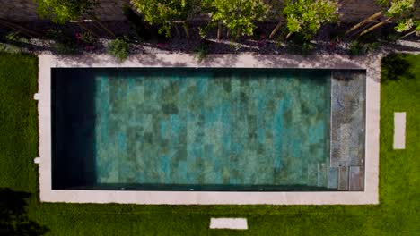 Top-shot-of-a-swimming-pool-with-blue-Bali-stones,-green-grass-surrounds-the-swimming-pool-as-well-as-a-stone-wall-and-green-trees