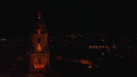 Cathedral-In-Málaga,-Spain-Illuminated-At-Night---Aerial-Drone-Shot