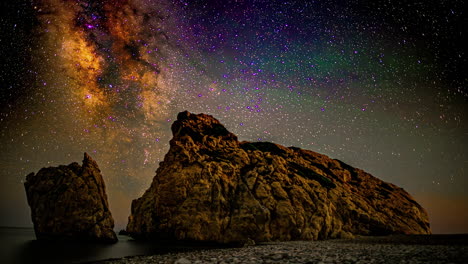 Timelapse-De-La-Vía-Láctea-Sobre-La-Orilla-Del-Mar---Timelapse-De-Estrellas-Fugaces-Cometas-Galaxia-De-La-Vía-Láctea-En-Un-Espacio-Infinito