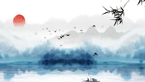 China's-traditional-Oriental-Digital-Art-Animation,-Chinese-painting-ink-in-mountain-with-flowers,-tree,-birds,-river-in-fog-background-artwork