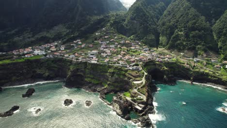 Drone-View-of-Spectacular-Coastline-in-Seixal,-Madeira,-Aerial-of-Portugal