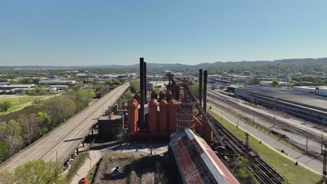 Drone-top-view-of-the-historic-Sloss-Furnaces-in-Birmingham,-Alabama