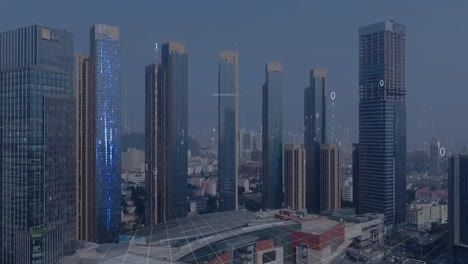 Edificios-Urbanos-Modernos-Con-Elementos-De-Datos-De-Alta-Tecnología,-Evolución-De-Datos-De-Ai-Y-Transformación-Digital,-Video-De-Conexión-Empresarial-De-Comunicación