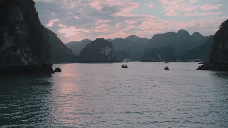 Drone-shot-of-ocean-of-Lan-Ha-Bay-during-sunset-in-Vietnam