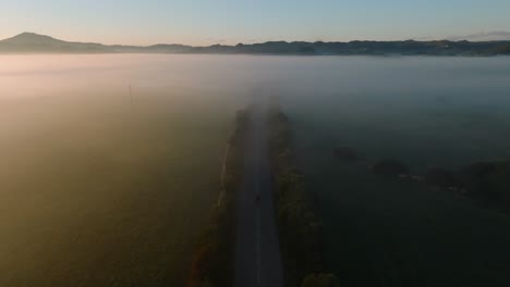 A-person-jogs-running-at-road-crossing-forest-foggy-landscape-mountain-horizon,-motivational-path-aerial-drone-flying-slow