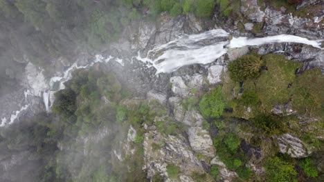 Waterfall-In-The-Valley-Of-Gressoney-Monte-Rosa,-Aosta-Valley,-Northern-Italy---Aerial-Top-Down
