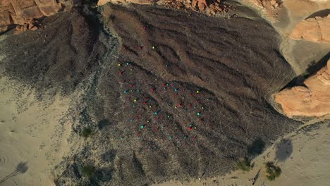 Aerial-view-around-the-Mohammed-Ahmed-Ibrahim,-Falling-Stones-Garden-at-Desert-X-in-Al-Ula,-Saudi-arabia