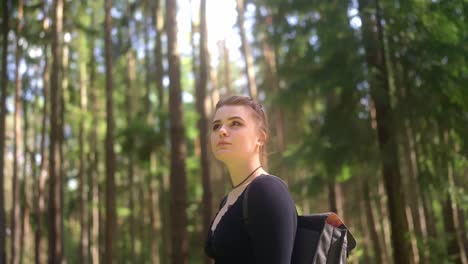 Young-beautiful-woman-is-exploring-the-spring-forest-on-a-sunny-day