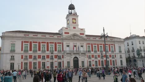 Wide-view-of-large-crowds-of-people-gathering-and-spending-their-evening-at-the-Puerta-del-Sol,-an-iconic-landmark-of-Madrid