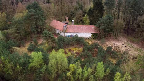 Aerial-view-above-abandoned-mansion-inside-the-belgian-alpine-forest-at-the-dutch-border-with-a-pond,-scenic-landscape