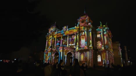 Kaleidoscopic-lights-on-Croatian-National-Theatre,-Festival-of-Lights,-Zagreb-Croatia