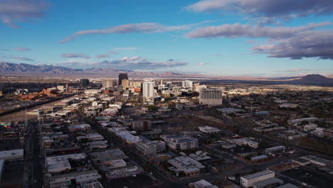 Downton-Las-Vegas-USA-on-Golden-Hour-Sunlight,-Aerial-View-of-Buildings,-Casinos-and-Hotels