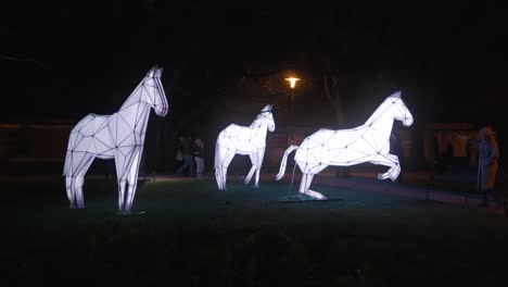 Lipizzaners-light-sculpture-in-Opatovina-Park,-Festival-of-Lights,-Zagreb-Croatia