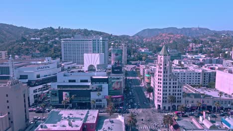 Hollywood-and-Highland-Drone-Flight---Los-Angeles,-California-Sunny-Day