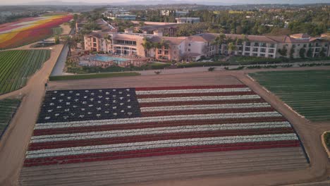 Drohnen-Hyperlapse-über-Florale-US-Flagge,-Drehung-Von-Rechts-Nach-Links,-Rot-weiß-blaue-Blumen,-Grüne-Felder,-Hotel-Und-Bunt-Gestreifte-Felder-Im-Hintergrund