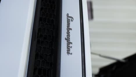 Wordmark-logo-of-Lamborghini-supercar-on-white-exterior-paint,-Vertical-close-up