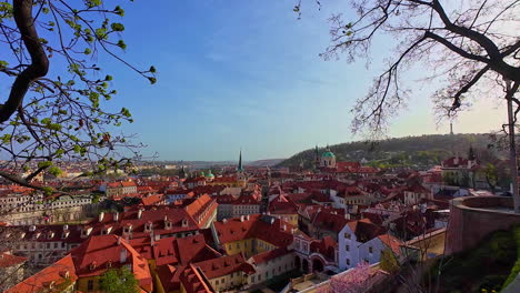 High-angle-shot-over-architecture-of-old-houses,-streets-and-neighborhoods-in-Prague,-Czech-Republic-on-a-sunny-day