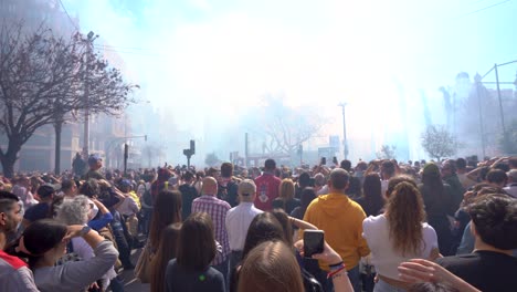 Hundreds-of-people-gathered-in-the-Town-Hall-Square-in-Valencia,-for-Las-Fallas-2024